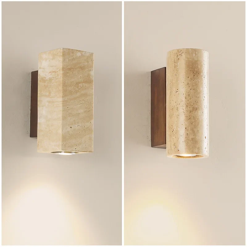 Natural yellow travertine waterproof wall lamp, Japanese-style wabi-sabi style bedroom, bedside wall lamp