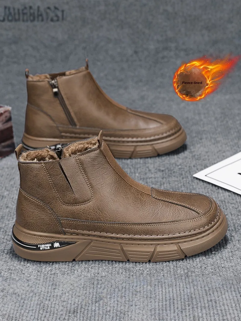 

Men's Winter Snow Boots Waterproof Anti-slip Wear-resistant Work Safety Shoes Fur Leather Integrated Fleece-lined Warm Cotton...