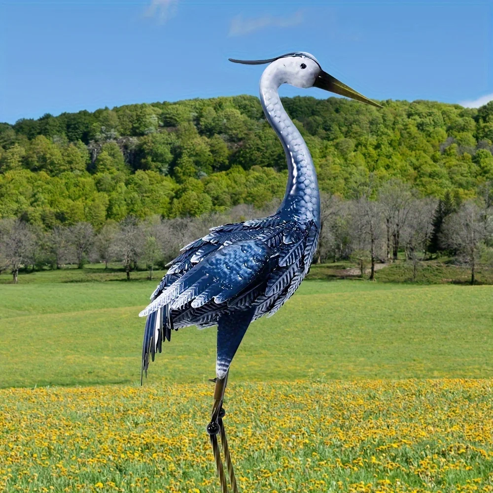 Blue Metal Crane Sculpture, Elegant Outdoor Garden Decor, Weather-Resistant Heron Statue For Patio, Lawn & Backyard