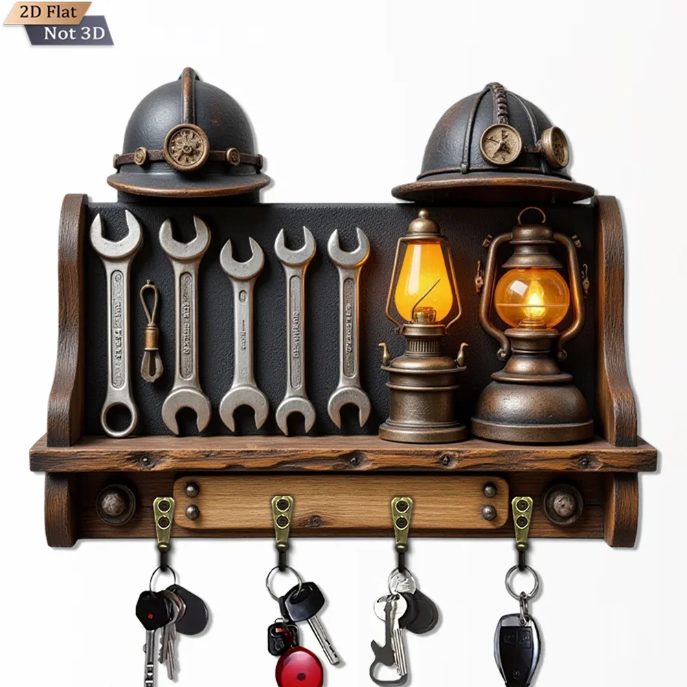 2D Flat, 1pc, Retro Industrial Style Key Hook, Wooden Multifunctional Home Key Hook, with Four Metal Hooks, Wall Decoration,
