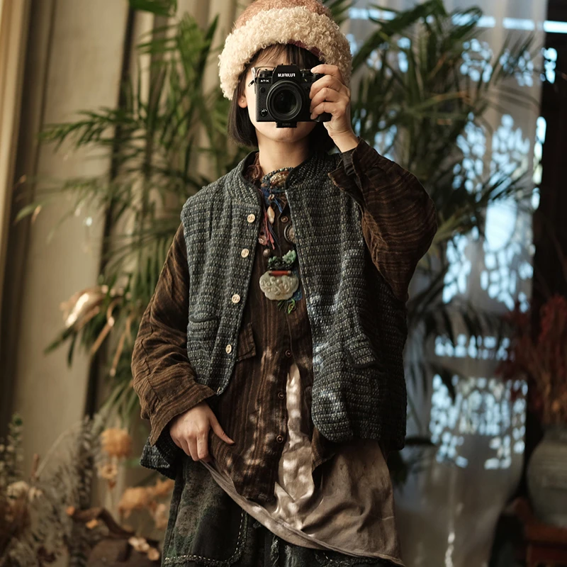 

Женский хлопковый льняной жилет, пальто, новинка 2025, осень, винтажный стиль, воротник-стойка, клетчатый узор, женские куртки без рукавов M2180