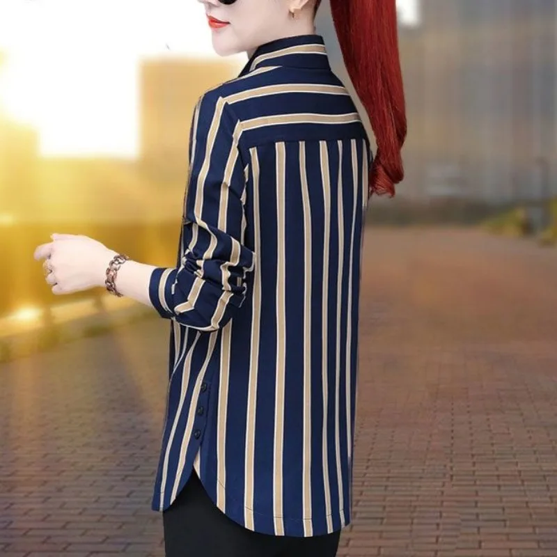 

Autumn and Winter Women's Polo Collar Single Breasted Stripe Contrast Button Long Sleeve Chiffon Shirt Cardigan Coat Casual Tops