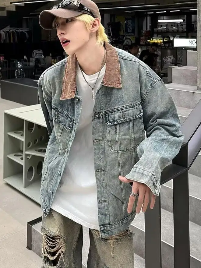 

Осенний воротник в стиле пэчворк, рабочая одежда, джинсовый джерт, мужской повседневный джинсовый джерт в стиле ретро, крутой модный джинт для пар, свободный крой, молодежный тренд