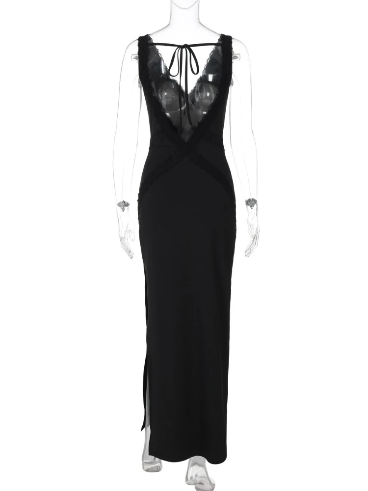 Elegante V-hals Kant Patchwork Zwarte Lange Jurken voor Dames 2025, Zomer Mouwloos Backless Bandage Split Vakantie Feestjurk
