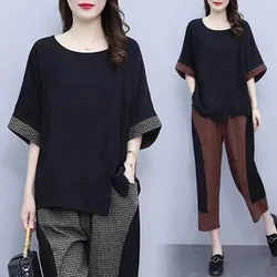 Large Size Suit Women's 2026Summer New Fashion Set Lady Loose Slim 2PCS Stitching Fat Sister Outfit Leisure Two-Piece Female Top