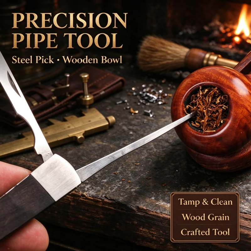 3-in-1 Integrated Pipe Tool Stainless Steel Wood Handle Reamer Tamper Portable Pipe Maintenance Gear for Daily Casual Smoking