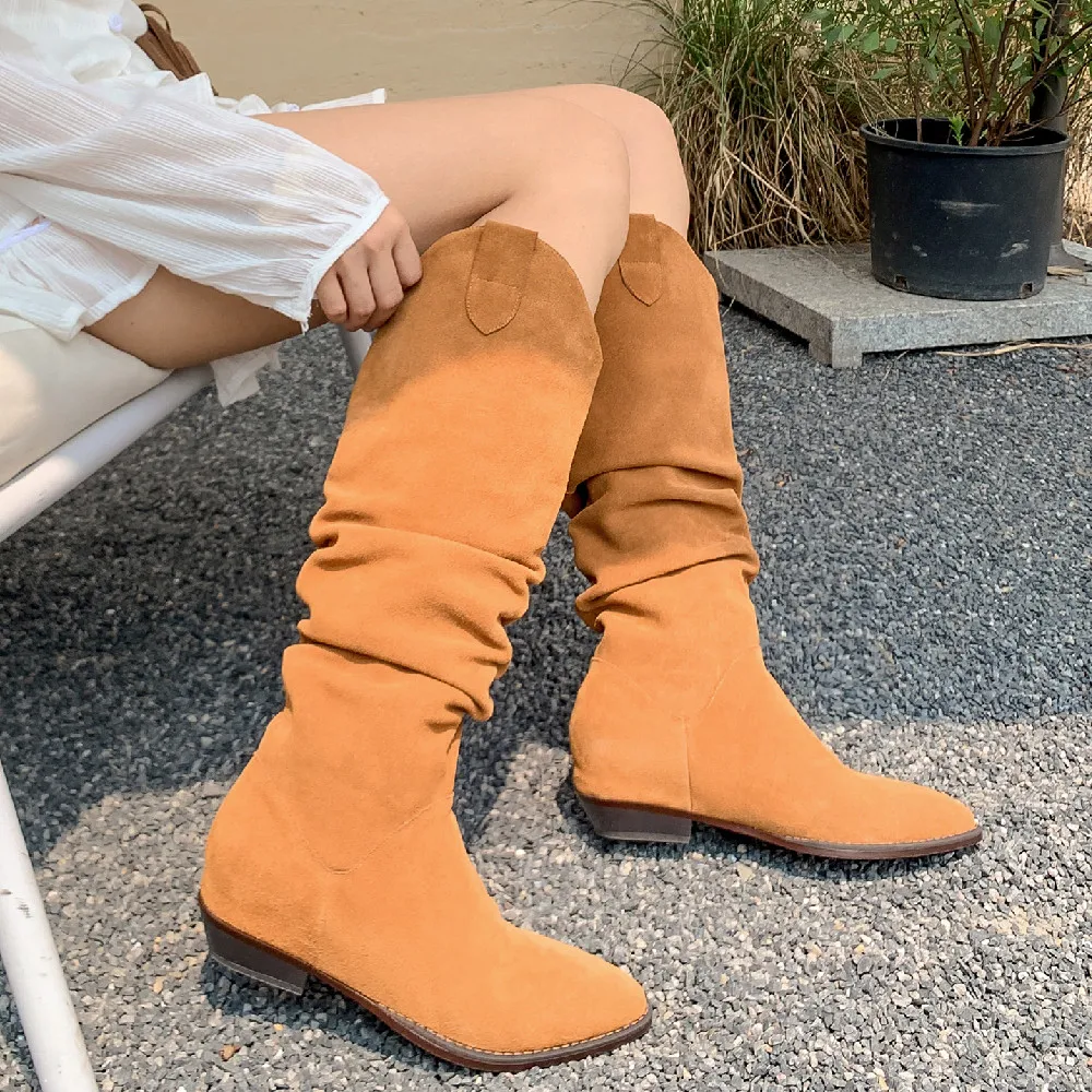 Women\'s natural suede leather pointed toe slip-on flats autumn knee high boots pleated female casual long boots shoes for women