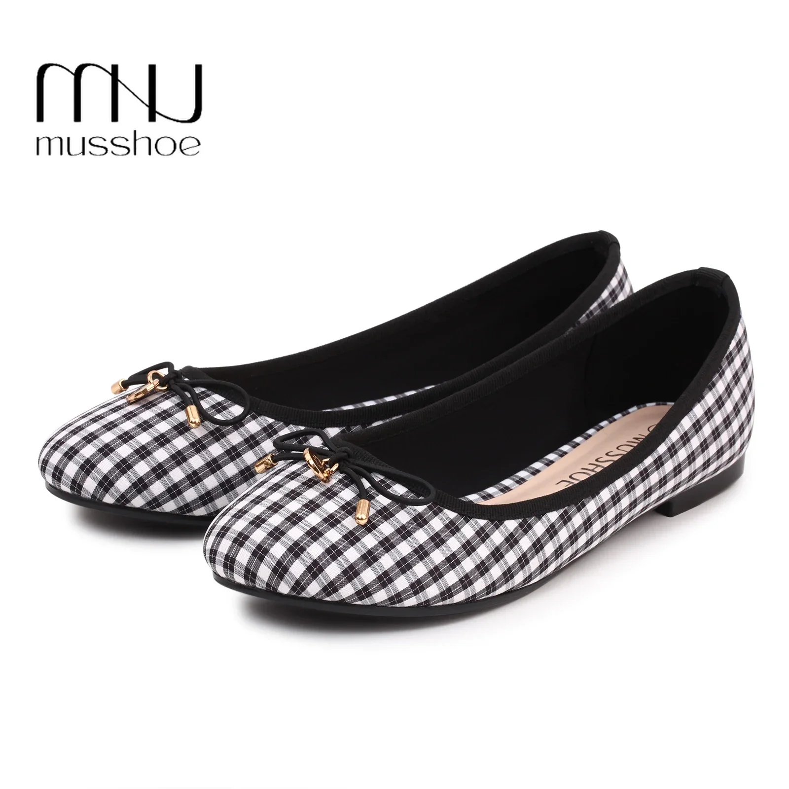 MUSSHOE Women Cute Round Toe Cloth Bow Tie Spring Slip on Anti Skid Flat Shoes Plaid Pattern Loafers Sapatos Shallow Scoop Shoes