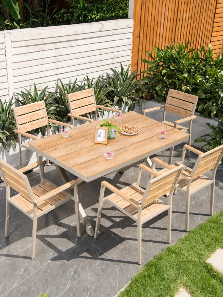 Zili Outdoor Table and Chair Anti corrosion Wood Room Exposed Tianyang Platform Seven Piece Combination Plastic Wood