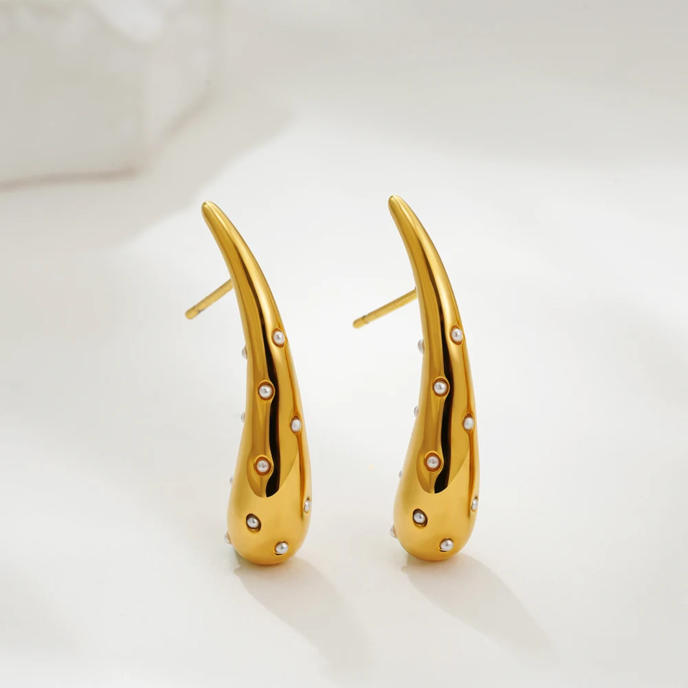 

Retro PVD Large Droplet Waterdrop Big Stud Earrings for Women Chunky Gold Color Polished Metal Pearl Ear Studs Party Gifts Aros