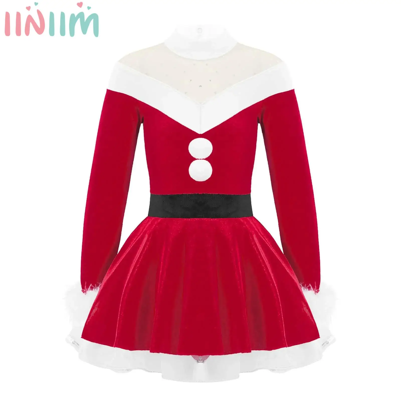 Kids Girls Christmas Miss Santa Claus Costume Long Sleeve Gymnastics Figure Ice Skating Dance Performance Velvet Tutu Dress