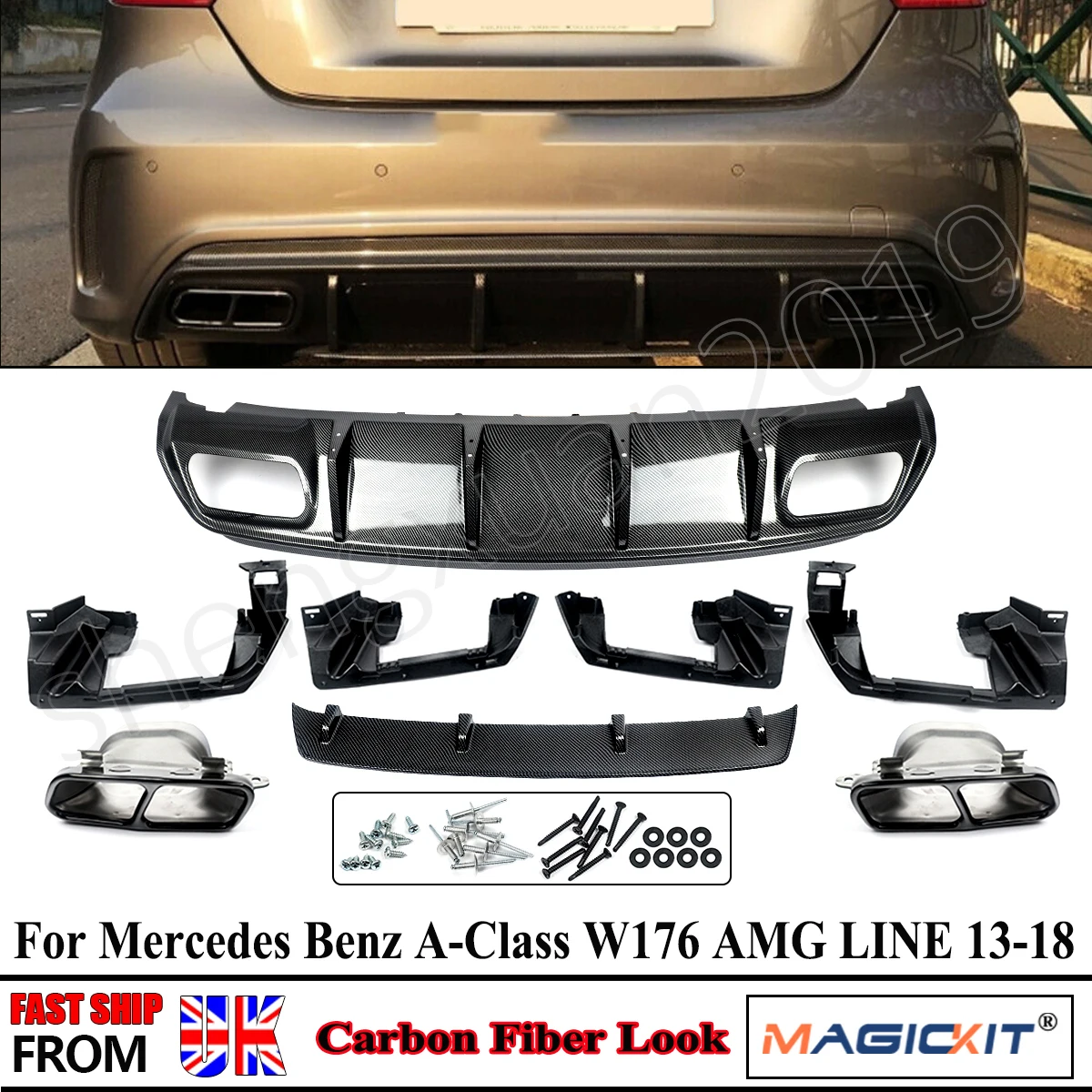 

FOR MERCEDES A CLASS W176 AMG A45 LOOK REAR DIFFUSER TAILPIPES CARBON LOOK 2012-2018