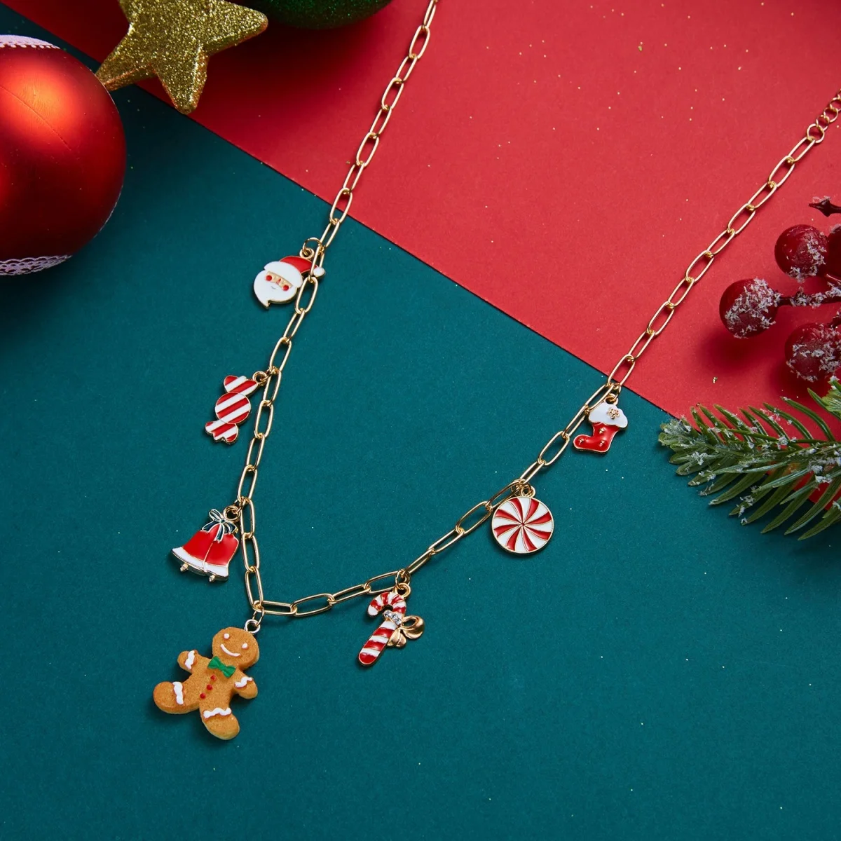 Weihnachts-Halskette mit Lebkuchenmann, Weihnachtsbaum, Hirsch, Schneeflocke, simulierten Perlen für Damen und Herren, Weihnachtsmann-Glocken, Choker, Party-Schmuck – Detail 25