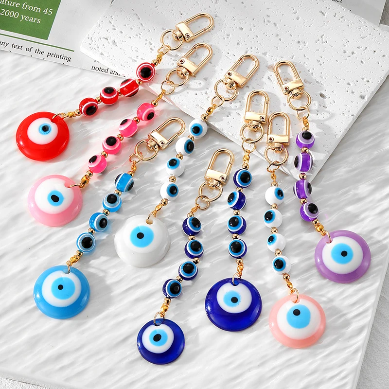 

Colored Round Beads Evil Eye Keychains For Friend Couples Boho Simple Tassel Turkish Lucky Blue Eye Bag Box Car Key Ring Jewelry