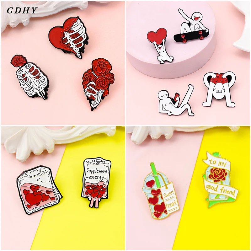 Эмалированная булавка GDHY в виде красного сердца, роза, цветок, скелет, Электронная добавка, значок для энергетического напитка для женщин, друзей, ювелирные изделия, подарок