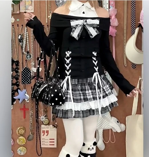 Sweet Cool Sets Women Spring Cute Bow Lace-up Long Sleeve Top Fashion High Waist Versatile Age-reducing Japanese Plaid Skirt