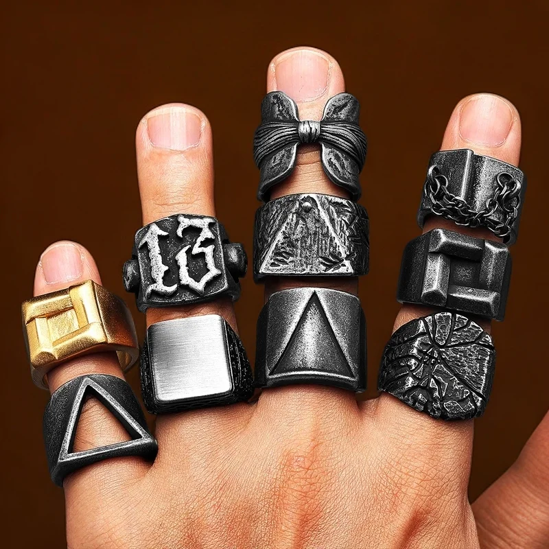 Retro Geometry Texture Men Rings Stainless Steel Women Jewelry Punk New in Things Fashion Accessories Gift Wholesale