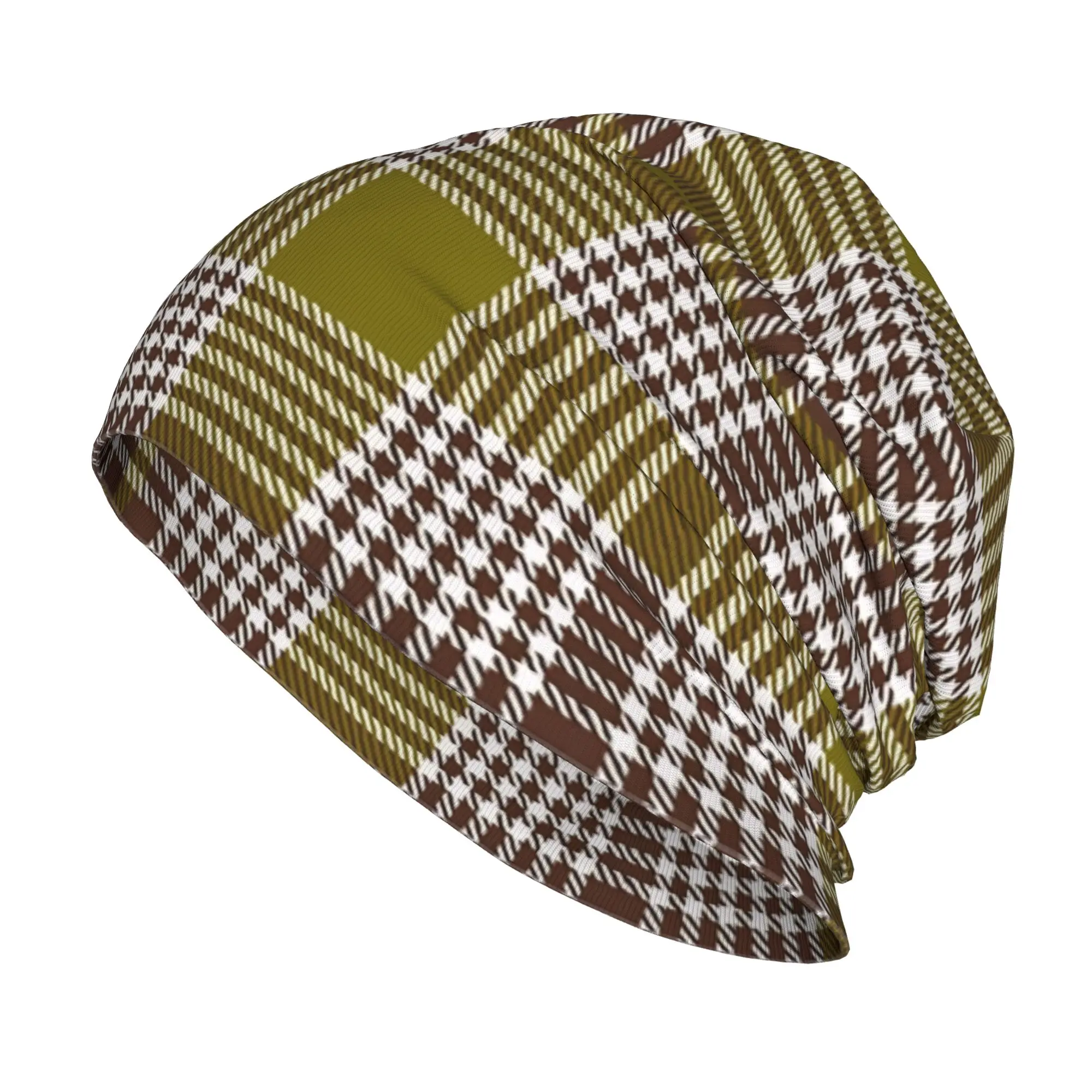Green and Brown Plaid Tartan Check  Skullies Beanies Hats  Summer Unisex Street Caps Warm Head Wrap Bonnet Hat