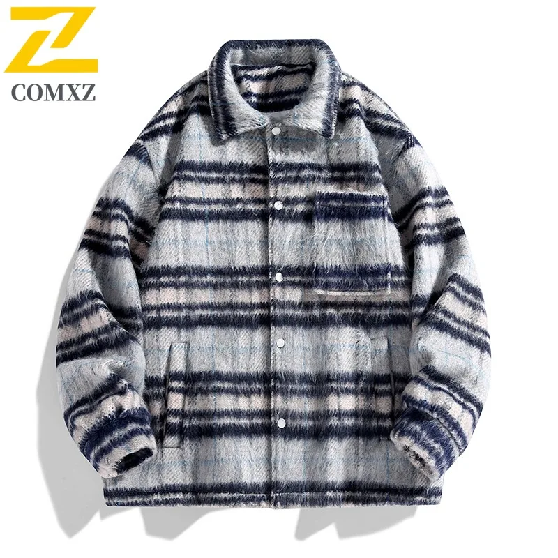 

COMXZ Твидовое клетчатое пальто в американском трендовому стиле унисекс, свободная посадка для занятий спортом на открытом воздухе, водонепроницаемая и ветрозащитная верхняя нишевая тактическая куртка
