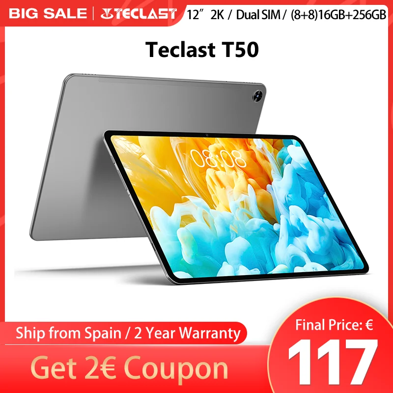 Teclast T50 11 inch TDDI Android 12 Tablet 8GB RAM 128GB/256GB ROM 2000x1200 2K 18W PD fast charge 7500mAh 12nm UNISOC T616 eight core Mali-G57 20MP rear camera network 4G and call 350 nits