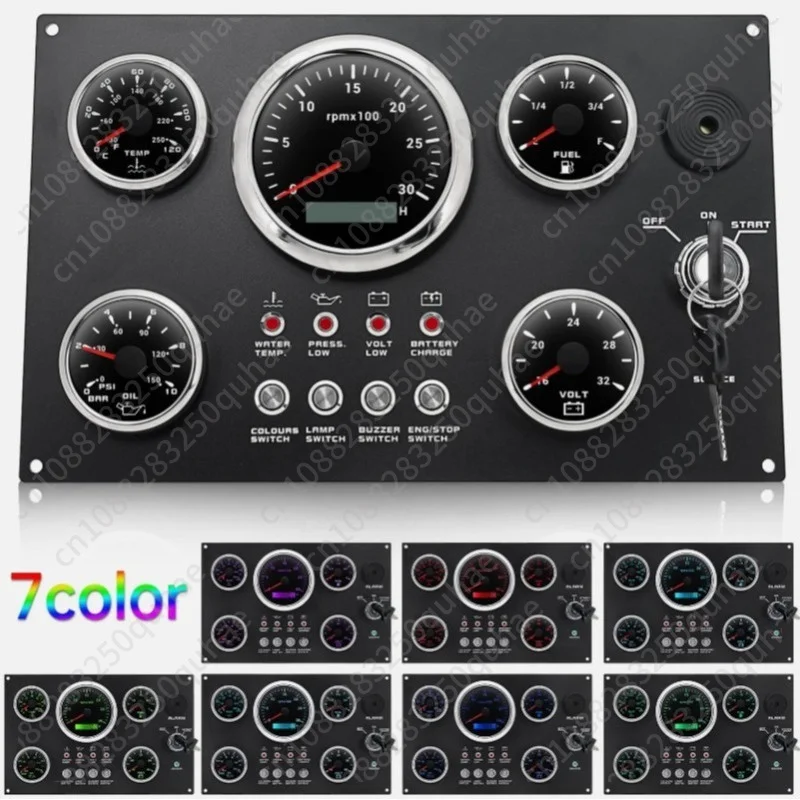 12V 24V Combination Gauge Panel, Water Temp Oil Pressure Voltage Fuel Level RPM Meter for Car RV Yacht Refit