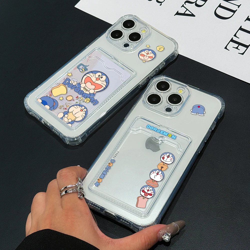 Lovely Doraemon Phone Case for iPhone 16 15 14 Plus 13 12 Mini 11 Pro Max X Xs XR 7 8 Card Pocket Soft Clear Cover