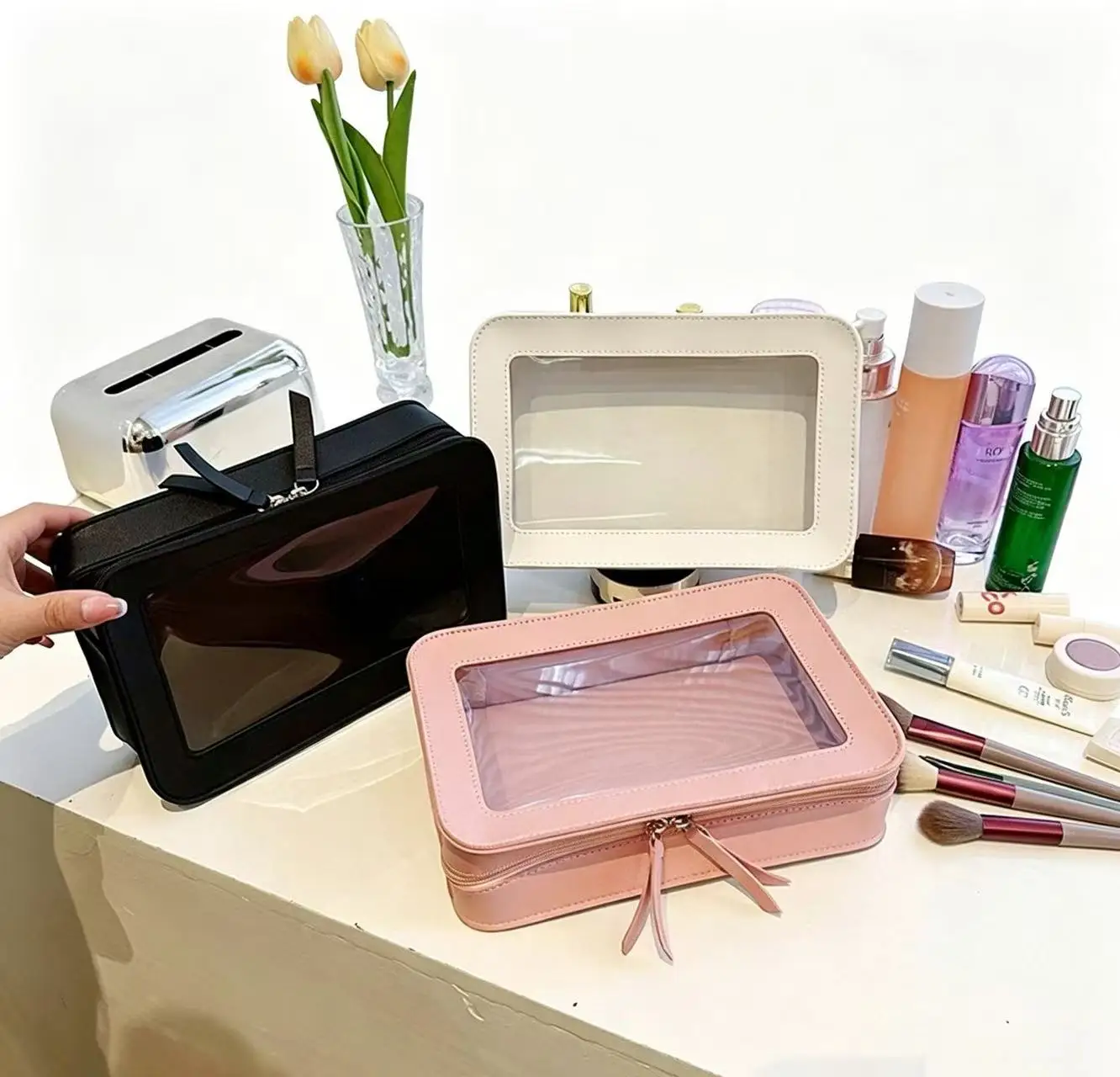 Women's New Style Solid Color Simple and Fashionable Transparent Cosmetic Bag Large Capacity Storage Bag Portable High-End Handbag