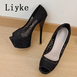 Liyke Elegant Woman Wedding Party Prom Shoes Sexy Peep Toe Embroidery Mesh Platform High Heels For Ladies Pumps Stiletto Mujer