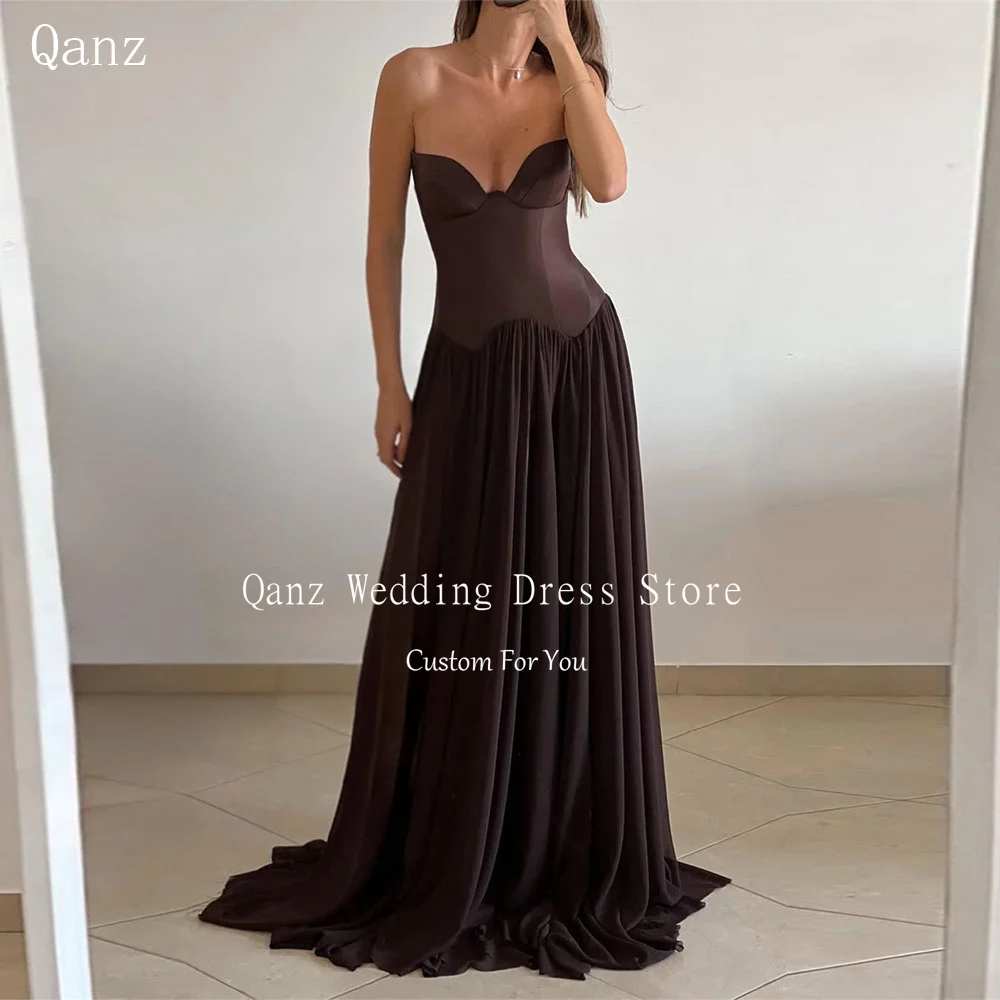 

Qanz Dark Brown Evening Dress Sweetheart Ruched Chiffon Formal Women Robe De Soirée Femme Sleeveless Party Dresses Customized