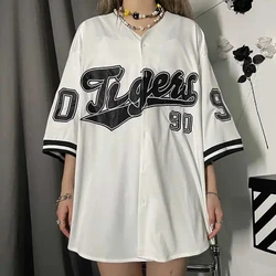 2024 Summer Oversize Blouse Women Streetwear Baseball Shirt Cool Hippe Vintage Printed Hip Hop Korean Half Sleeve Button Up Tops