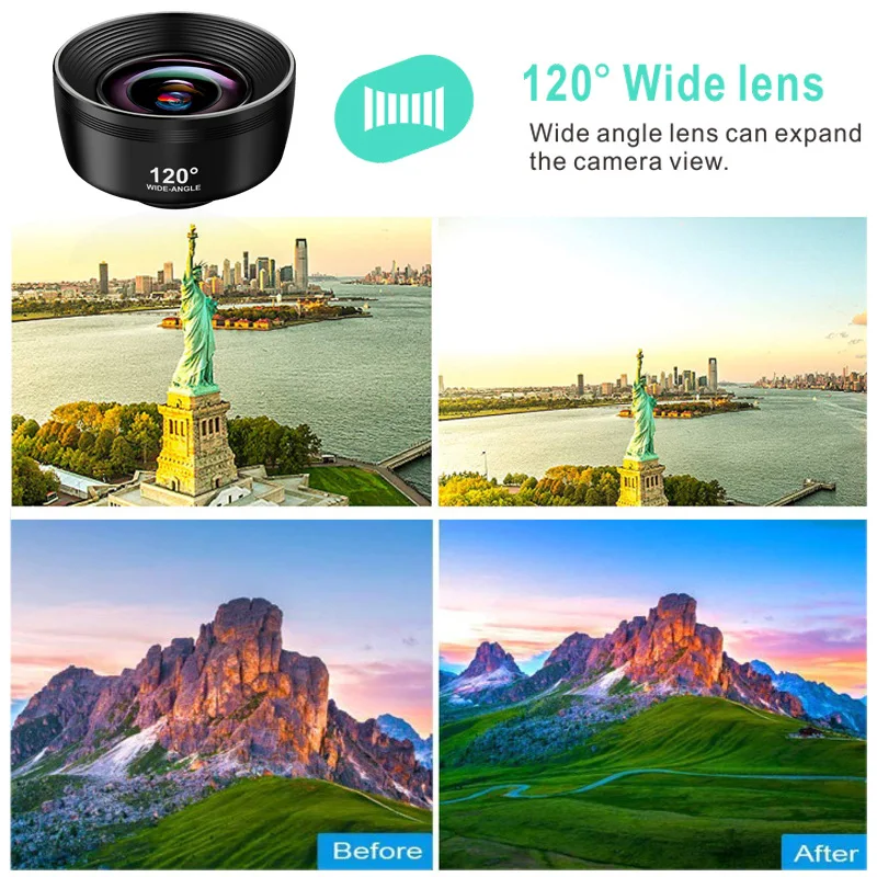 طقم عدسات كاميرا الهاتف 3 في 1 210 °   عدسة عين السمكة + 120 °   عدسة زاوية واسعة للغاية + عدسة ماكرو 25x لهواتف iPhone وSamsung وAndroid الذكية