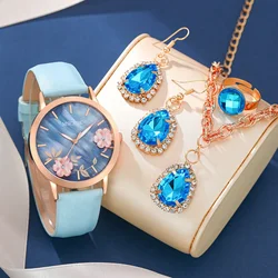 5PCS Set Women Fashion Watch Casual Bracelet Watches Ladies Flowers Dial Quartz Wristwatches Dress Clock Montre Femme