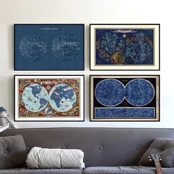French Double Hemisphere World Map Poster, Celestial Planisphere Map Print, Astronomy Astrological Zodiac Map Canvas Painting