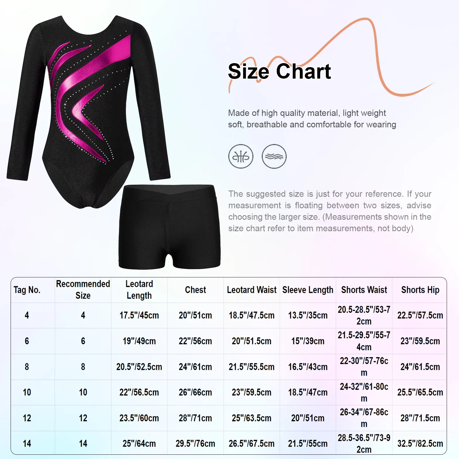 Kids Girls Gymnastics Dance Set Long Sleeve Round Neck Shiny Rhinestones Leotard Ballet Jersey with V-front Waistband Shorts