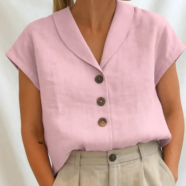 قميص نسائي بأكمام قصيرة موديل 2025، بلوزة بلون سادة ورقبة على شكل حرف V، سترة كاجوال بأزرار سفلية مفتوحة من الأمام