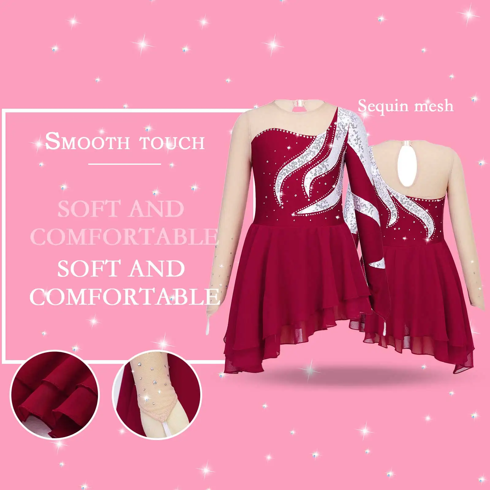 Kids Figure Skating Dress Girls Shiny Sequins Ballet Gymnastics Leotard Mesh Splice Chiffon Dance Competition Ballerina Costumes