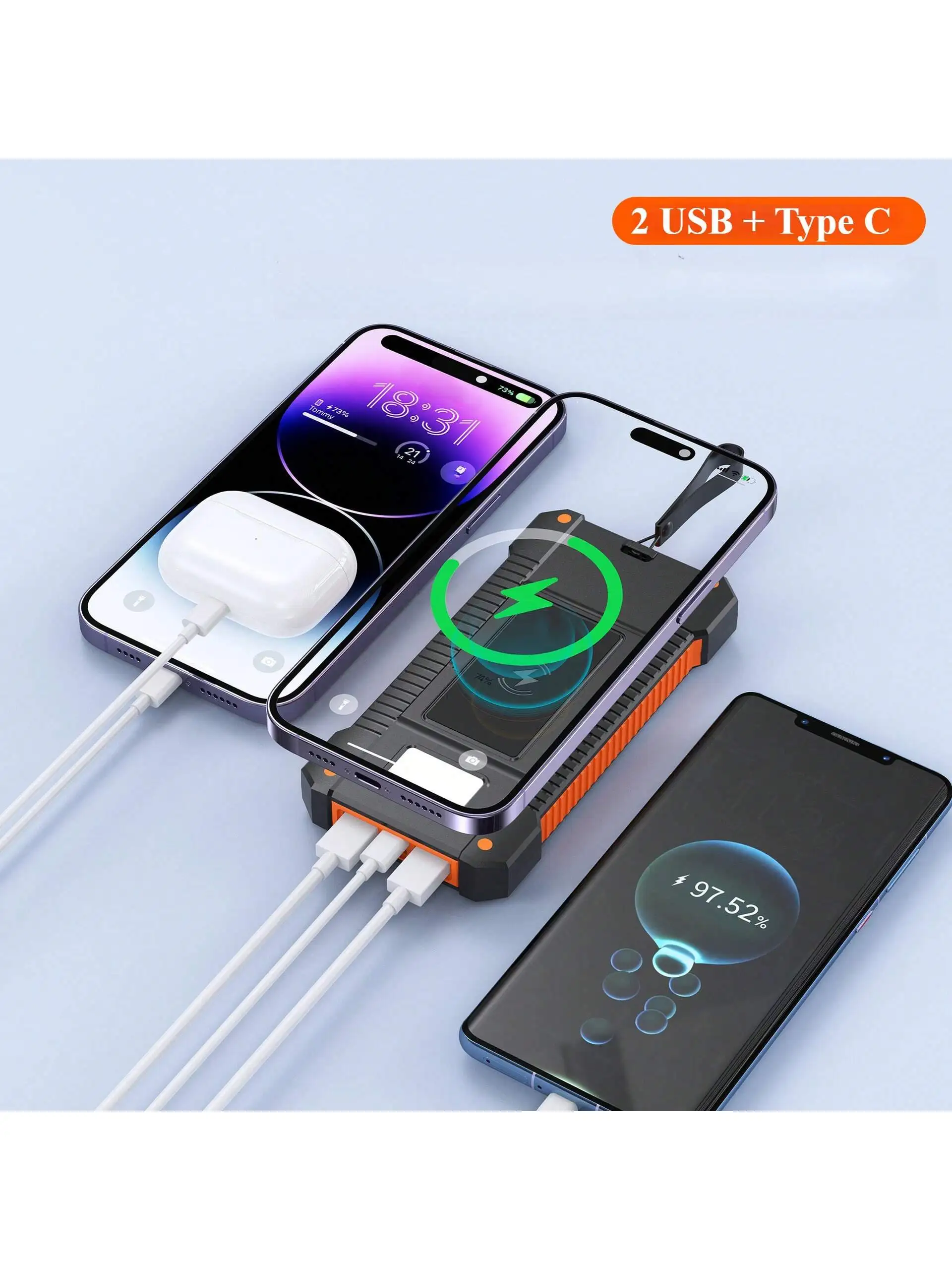 بنك الطاقة المحمول للأنشطة الخارجية، شاحن الطاقة الشمسية، يمكن شحنه بواسطة طاقة الطاقة الشمسية، مع مصباح يدوي فائق السطوع.