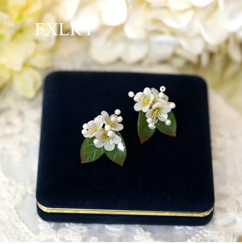 FXLRY Original Handmade Pearl Elegant Summer Flowers Stud Earrings For Women Jewelry