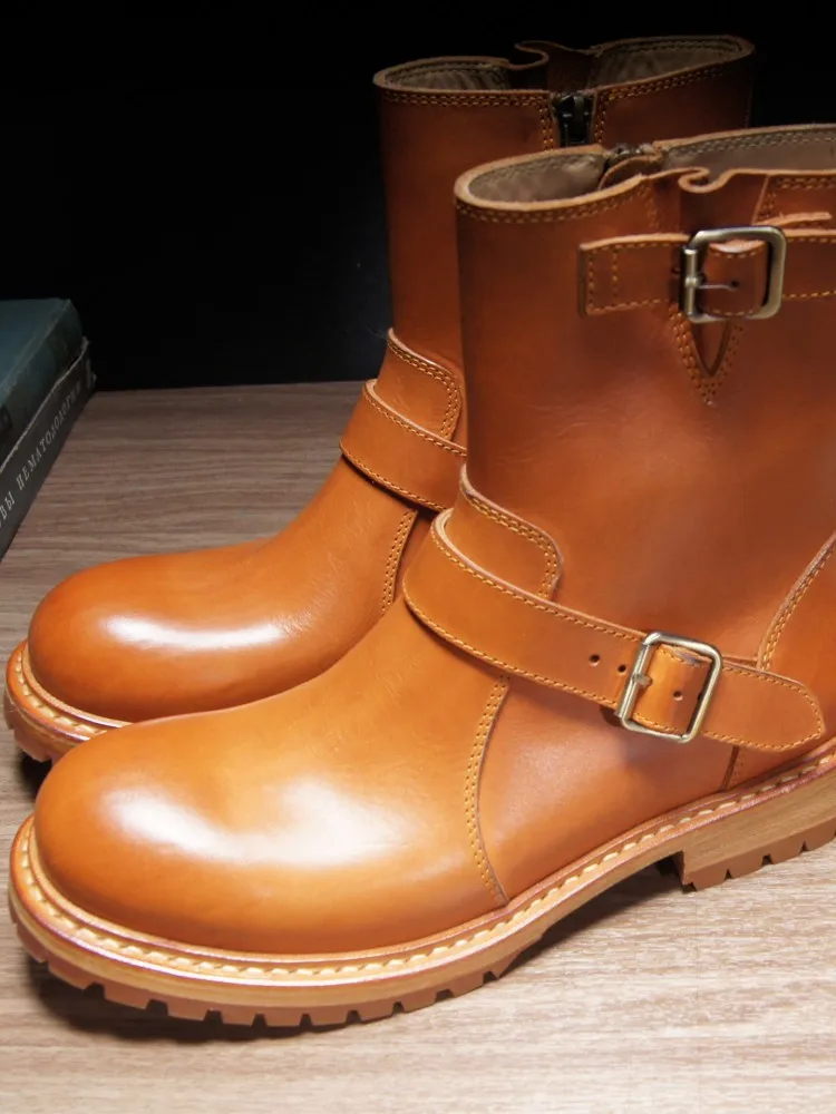 Handmade Mens Genuine Leather Boots Round Toe Zip Italian Style High Quality Vintage Cargo Shoes Real Cowskin Motorcycle Boots