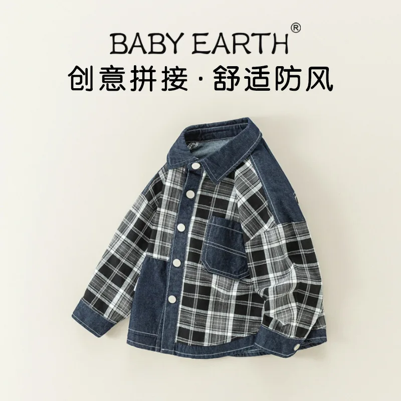 Boys' shirts spring 2025 new older children's Korean version plaid long-sleeved shirt denim children's baby casual jacket