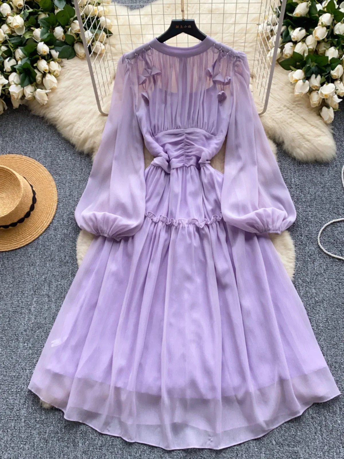 Ofallsis O neck High end Bead Tassel Dress 2024 Autumn New Pleated Waist Slimming Lantern Sleeves Large Swing French Dresses