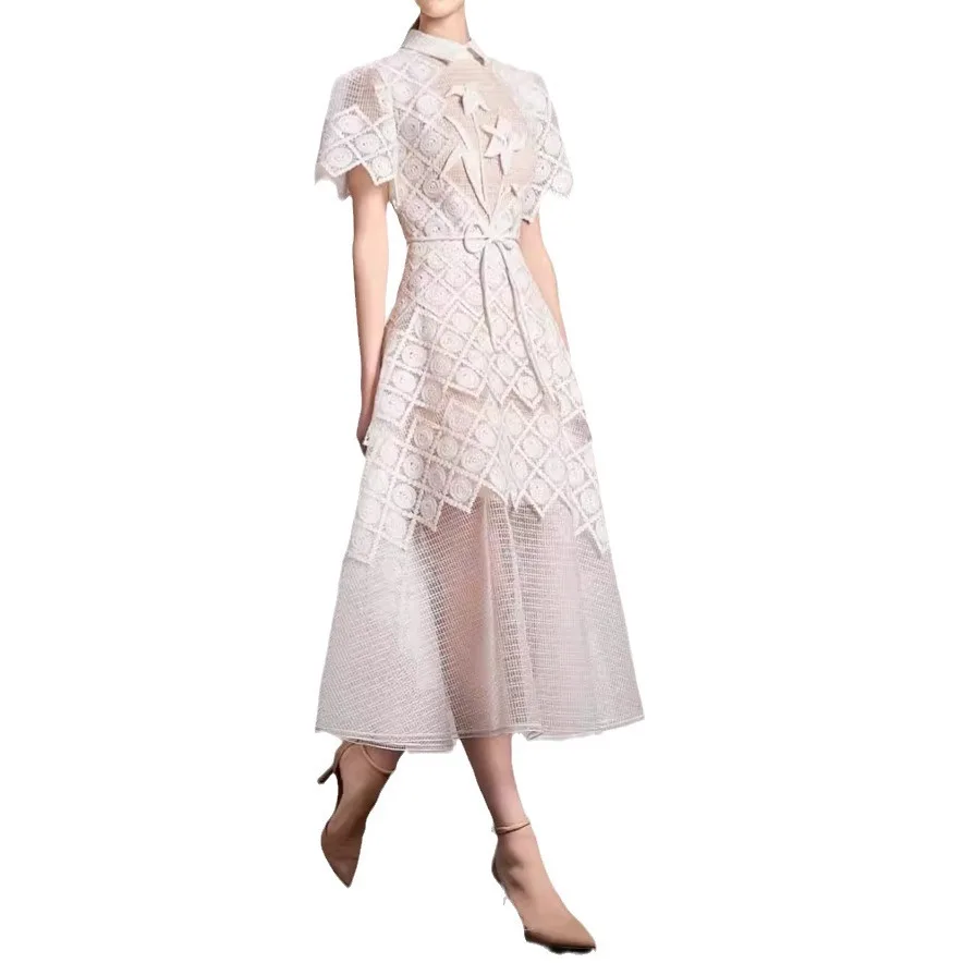 2024 New Elegant Summer Embroidery Lace Hollow Out 3D Flower Long Dress Women Patchwork Lace Up Evening Party A Line Dress G459