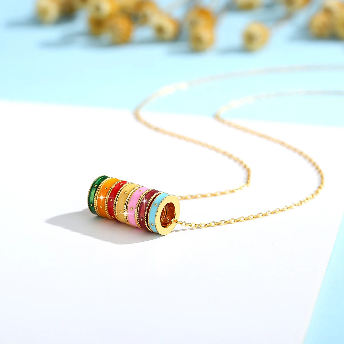 18k Gold Jewelry Real Gold Enameled Circles Pendant With Certificate Colorful Hoop AU750 Necklace Trend Women Pendant