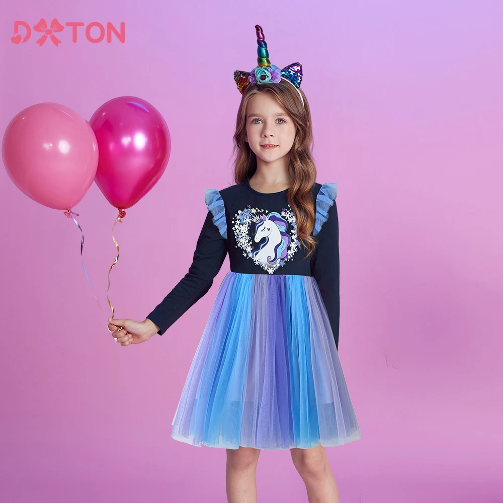 

DXTON Long Sleeves Kids Dresses For Girls Snowflake Winter Kids Clothes Gradient Tulle Party Princess Dress Heart Girls Clothing