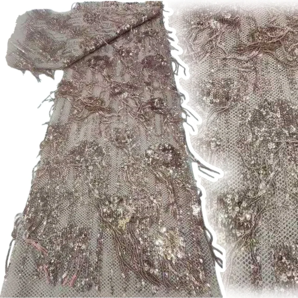 

2026 African Sequins Red Tassel Lace Fabric French Nigerian Groom Beaded Lace Fabric for Bridal Wedding Party Dresses 2182