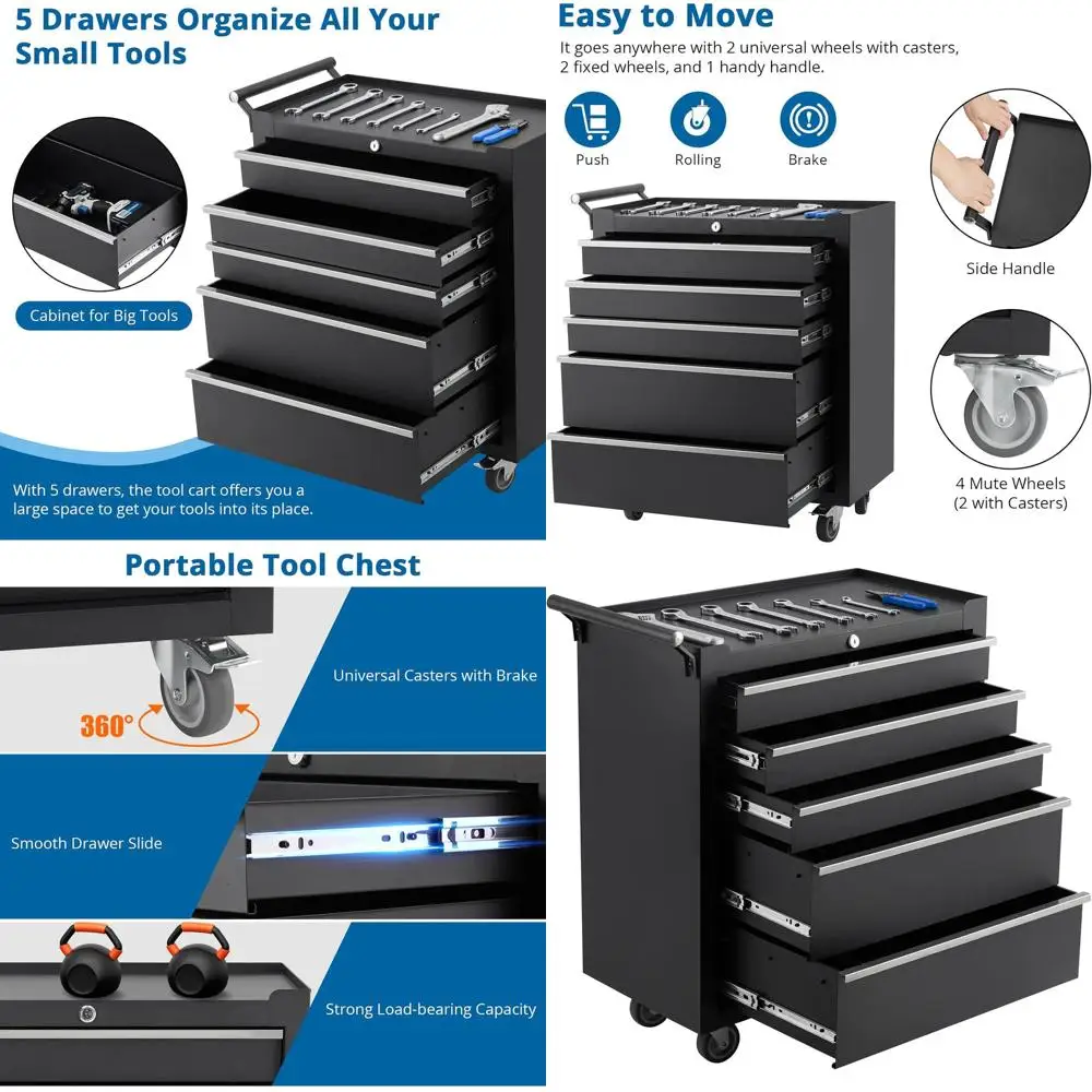 

Мобильный шкаф для инструментов с 5 ящиками со съемной столешницей, запираемыми роликами, замком, пенопластовым вкладышем и полкой для инструментов для гаражей и работ