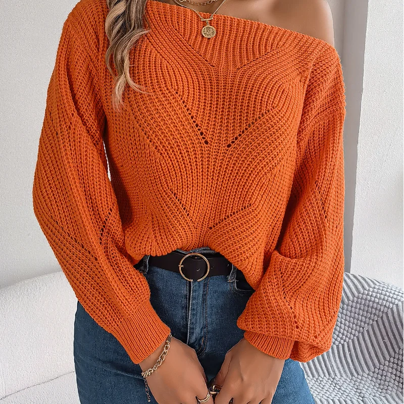 Women Autumn and Winter Fashion New Slash Neck Off Shoulder Knitted Sweater Solid Color Loose Cozy Hollow Out Lantern Sleeve Top