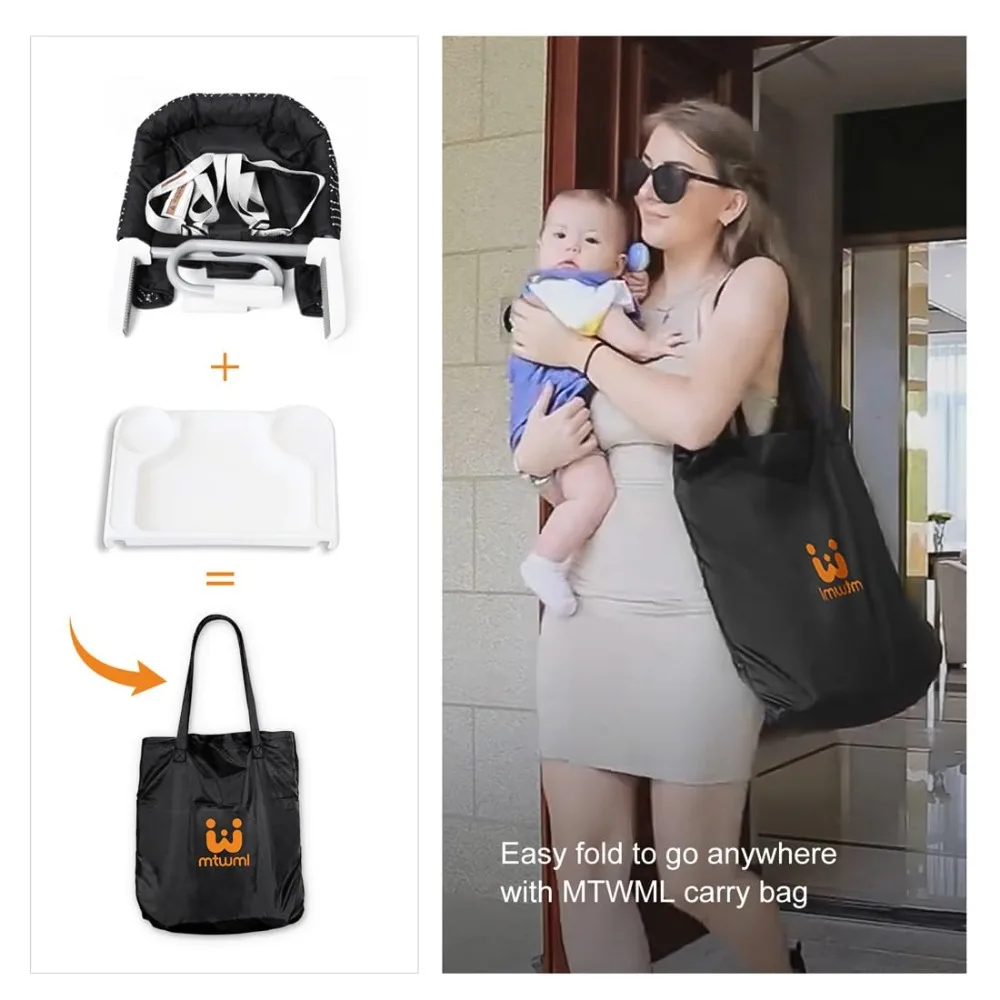 Seggiolone portatile con gancio e vassoio per neonati e bambini piccoli, adatta al tavolo, seggiolino per l'alimentazione in striscia nera