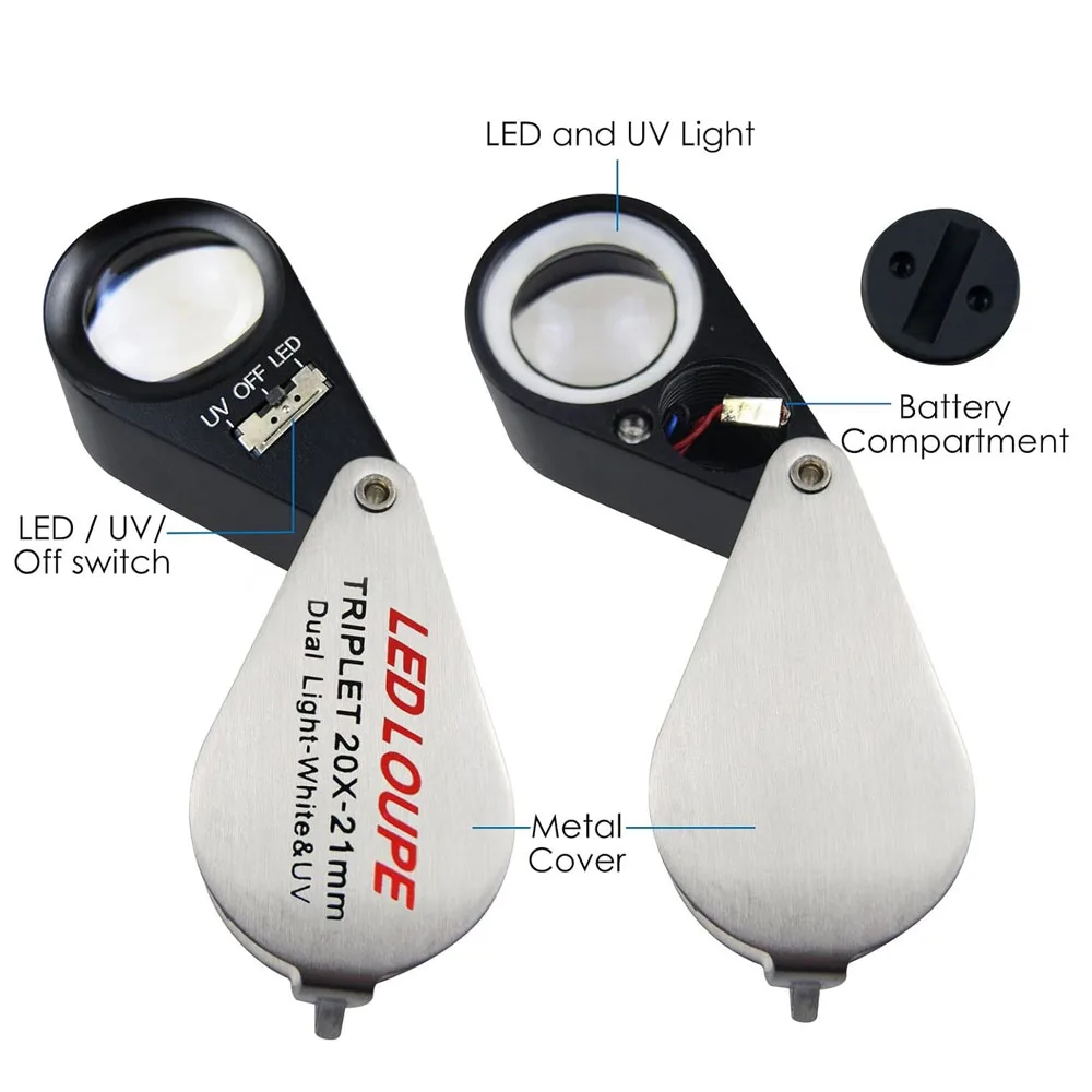 10X-40X 21mm Mini Folding Illuminated Loupe Jewelry Magnifier Pocket With LED Light For Gems Jewelry Stamps Coins Watches