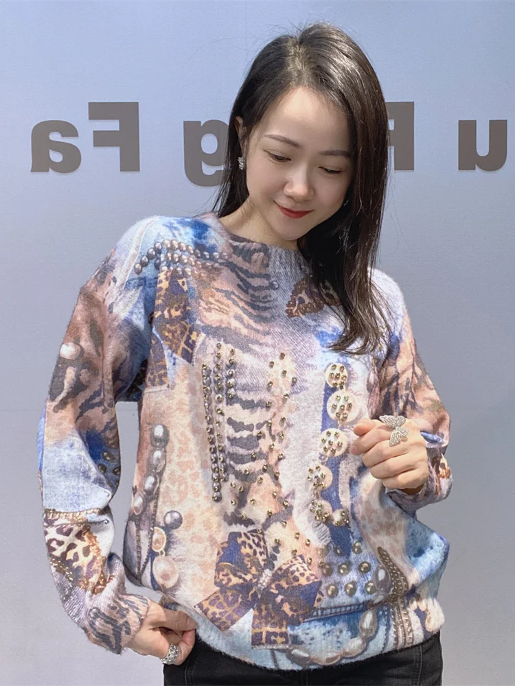 

Women's Luxury Knitted Sweater Heavy Embellied Diamond Printed Sable Imitation Long Sve round Ne Diamond Sweater